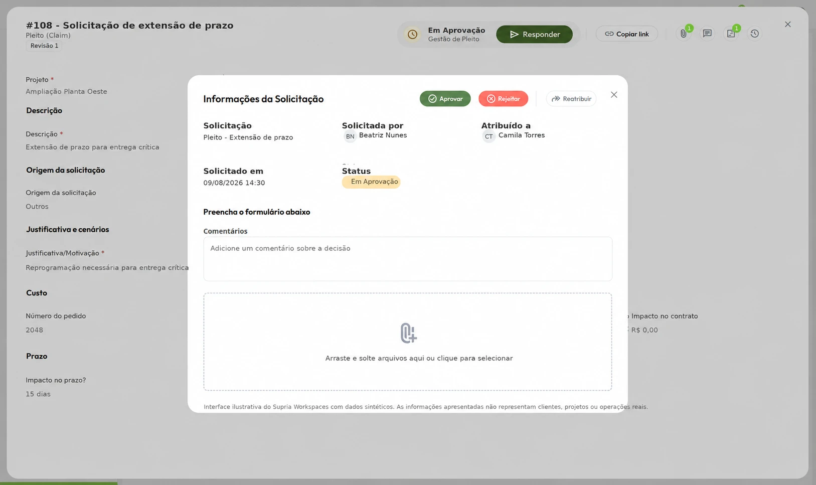 Detalhe de aprovação de mudança com dados sintéticos