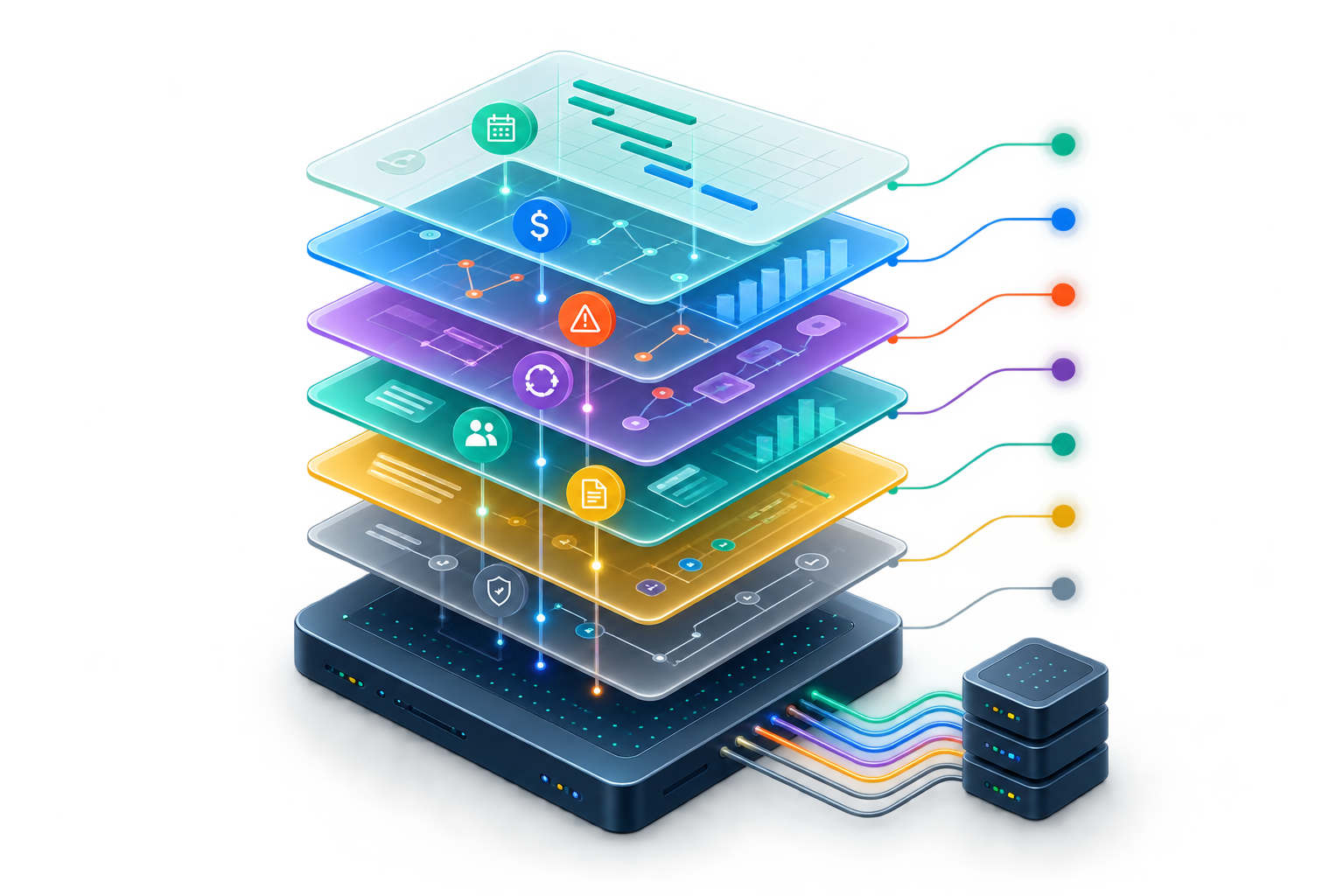 Ilustração conceitual em camadas dos principais domínios de controle de projetos e megaprojetos conectados por uma base comum de dados e contexto